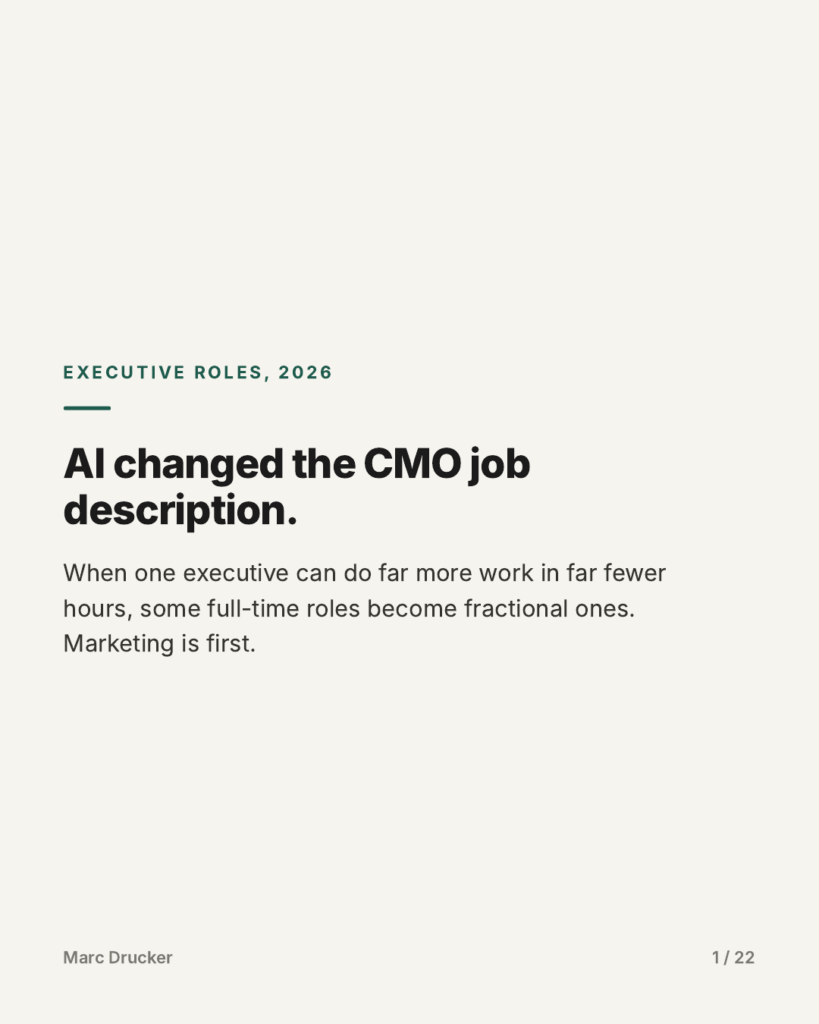 AI changed the CMO job description: flip-book cover slide by Marc Drucker